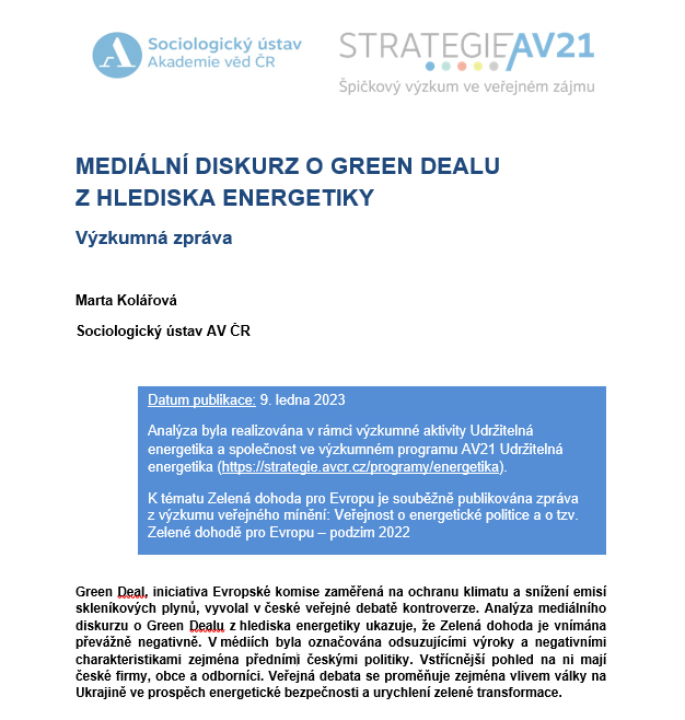 Mediální diskurz o Green Dealu z hlediska energetiky