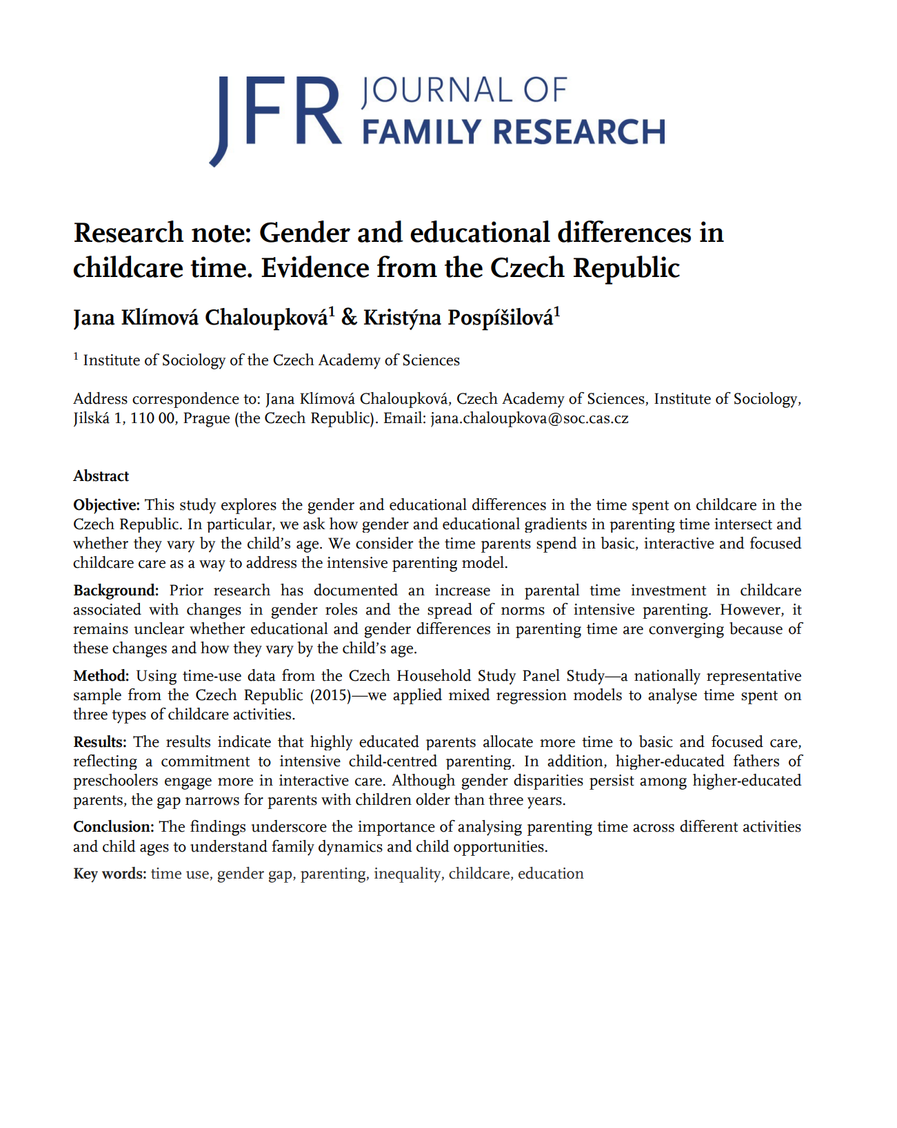 Research note: Gender and educational differences in childcare time: Evidence from the Czech Republic