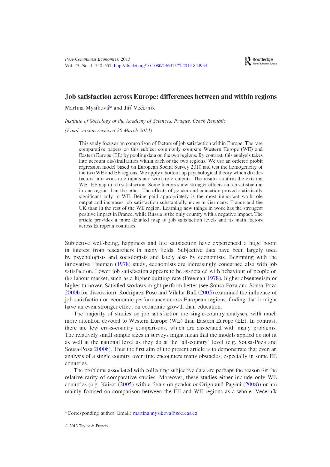Job Satisfaction across Europe: Differences between and within Regions