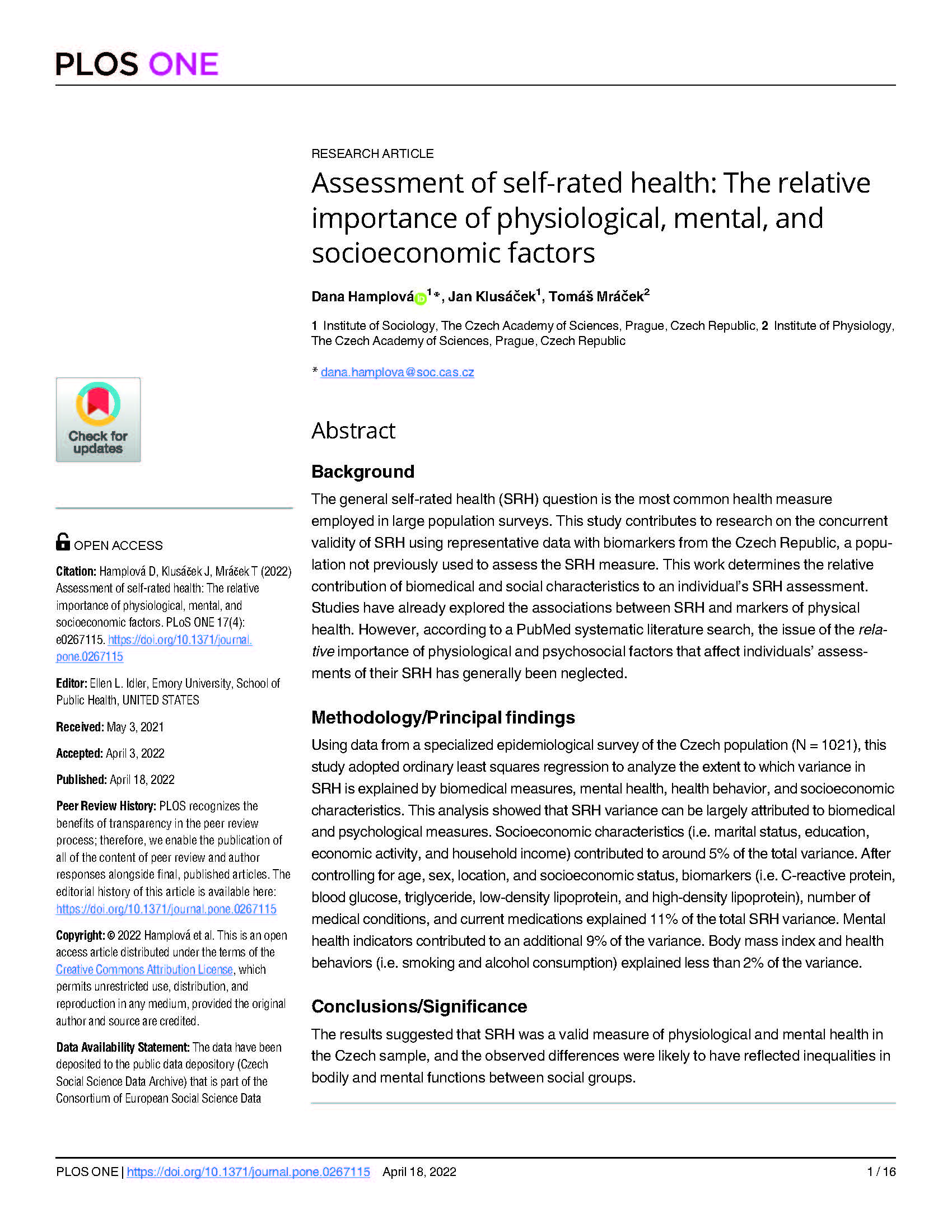 Assessment of self-rated health: The relative importance of physiological, mental, and socioeconomic factors